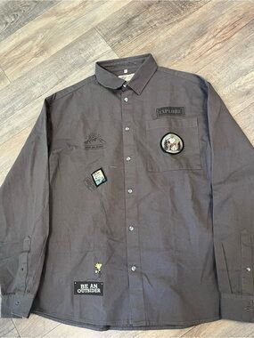 Peanuts Dark Gray Embroidered Explorer Button-Up Shirt